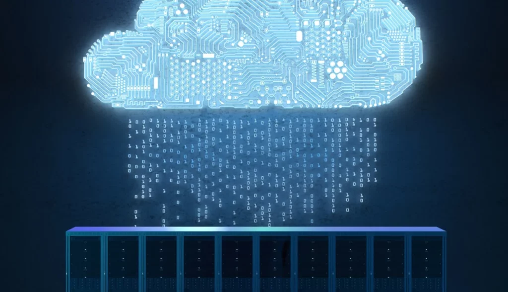 Glowing cloud pulling up data representing by strings of light from servers