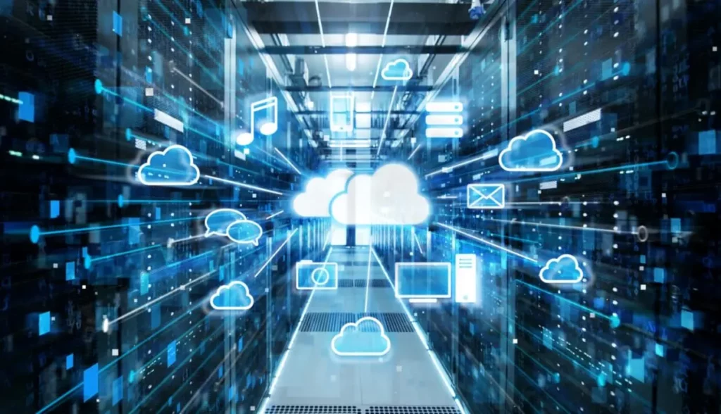 Cloud icons superimposed on top of room filled with servers