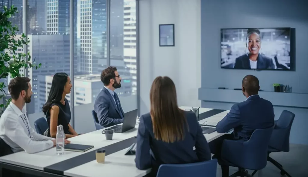 Group of people in a video conference meeting
